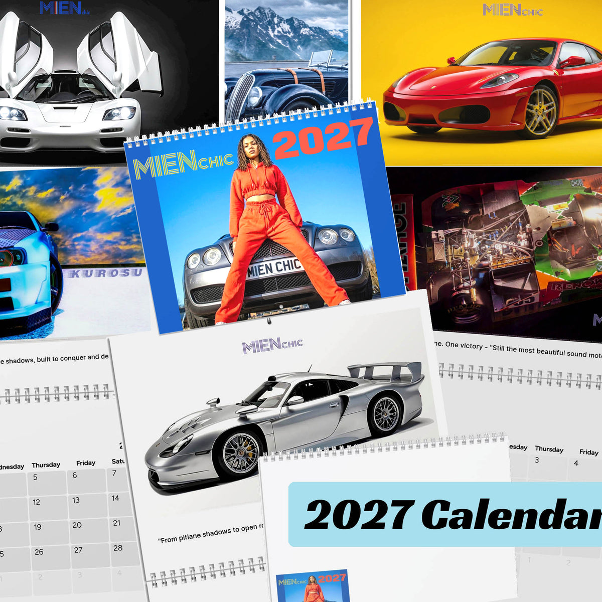 A collage of automotive-themed printed materials and a 2027 spiral-bound calendar. The design features multiple car photos, including a white convertible, a blue sports car, a red sports car, and a silver coupe, alongside interior calendar pages and a cover image of a woman in an orange jumpsuit standing in front of a blue sports car.