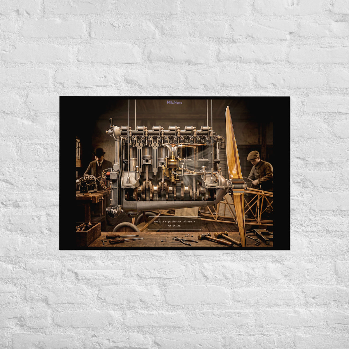 A framed wall art print showing a vintage industrial scene with a large machine and two workers, displayed against a white painted brick wall.