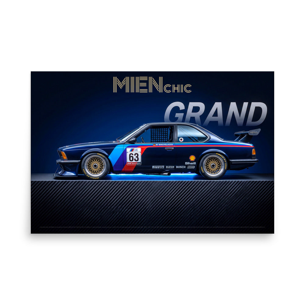 A rectangular wall art print featuring a side-profile racing car in dark blue, red, and white livery with gold wheels, set against a dark blue background with the text 'MIENCHIC GRAND'. The print is displayed on a white background with a soft drop shadow.