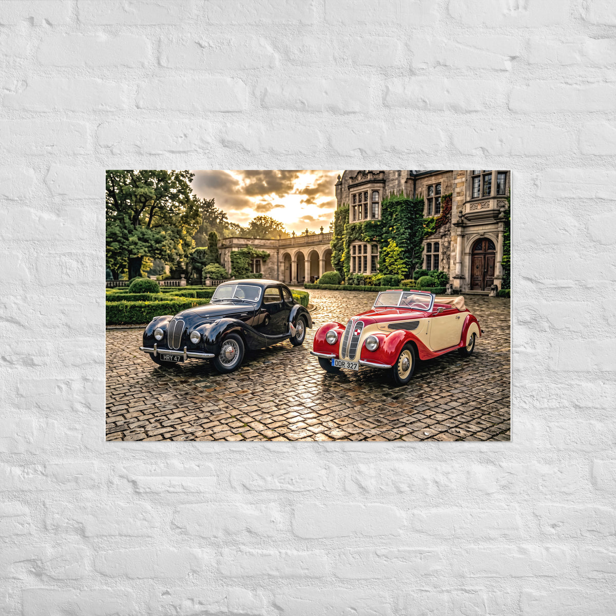 A rectangular wall art print showing two vintage cars parked on a cobblestone courtyard in front of a large stone building at sunset, displayed against a white painted brick wall.