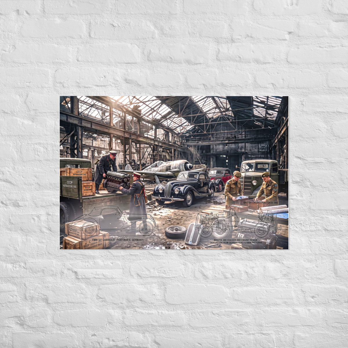 A rectangular wall art print showing a vintage auto repair garage scene with several workers and classic cars, displayed against a white painted brick wall.