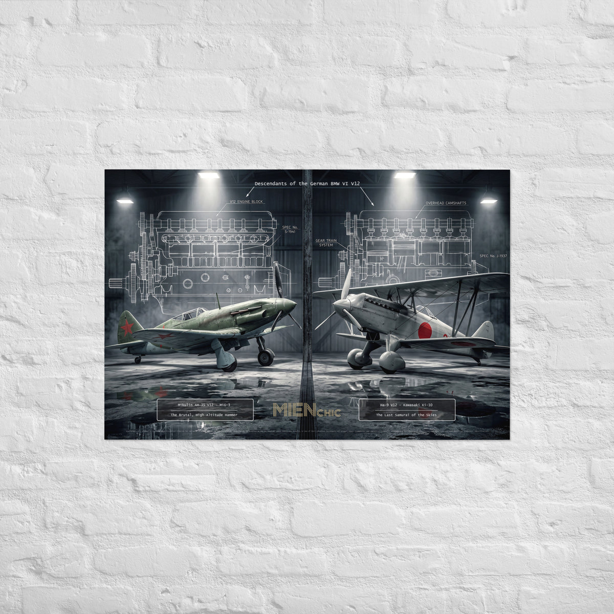 A rectangular wall art print showing two vintage military aircraft in a hangar with technical blueprint graphics in the background, mounted on a white painted brick wall.