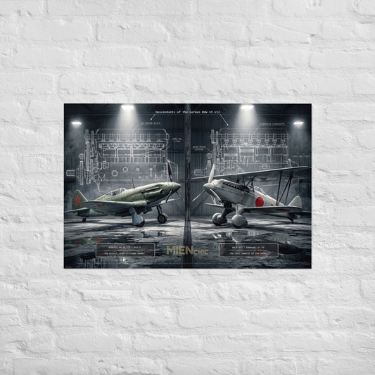 A rectangular wall art print showing two vintage military aircraft in a hangar with technical blueprint graphics in the background, mounted on a white painted brick wall.