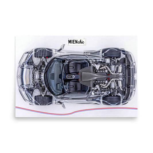 A rectangular wall art print featuring a top-down transparent cutaway view of a sports car, with the brand name 'MIENoch' printed above the artwork. The print is displayed against a clean white background with a subtle drop shadow.